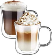 Dubbelwandige latte macchiato-glazen, set van 2 stuks, van borosilicaatglas, koffiekopjes, 350 ml, koffieglas, theeglazen met handvat, voor cappuccino, latte macchiato, thee, ijs, melk, bier