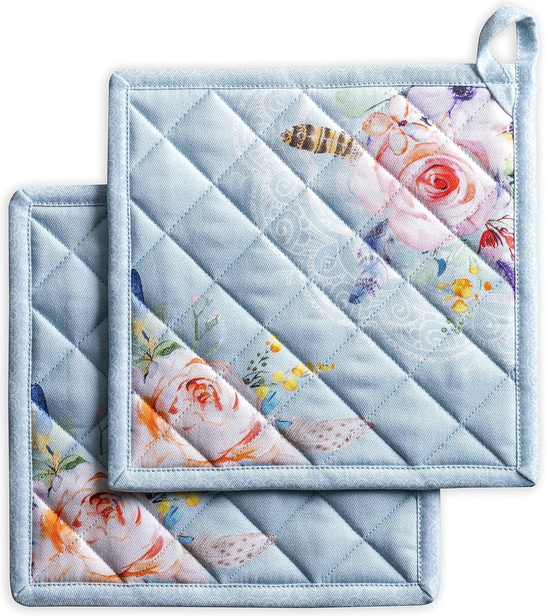 100% katoenen set met 2 pannenlappen BBQ koken bakken magnetron grillen lente zomer Pasen (blauw 20 cm x 20 cm)