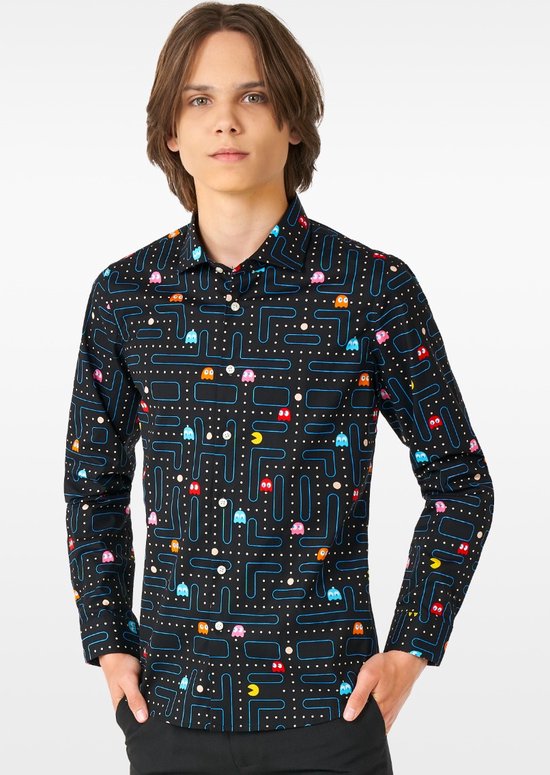 OppoSuits Lange Mouwen Overhemd PAC-MAN Teen Boys - Tiener Overhemd - Casual Gaming PAC-MAN Shirt- Zwart - Maat EU 158/164