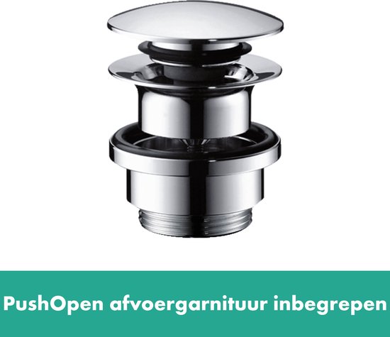 Een chromen PushOpen afvoerplug voor een wastafel.