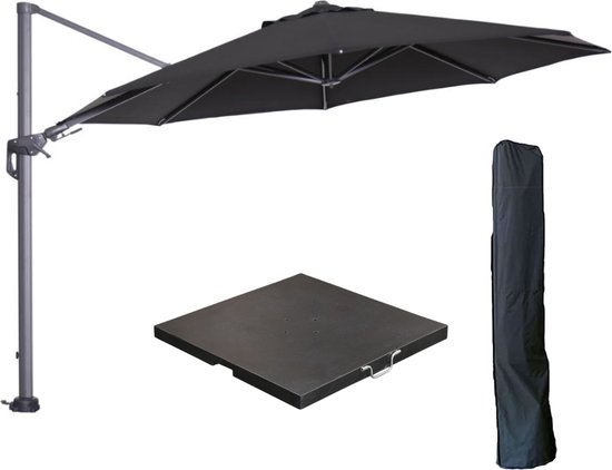 Foto: Garden impressions hawaii zweefparasol 350 cm carbon black zwart met 90kg black polished parasolvoet en parasolhoes