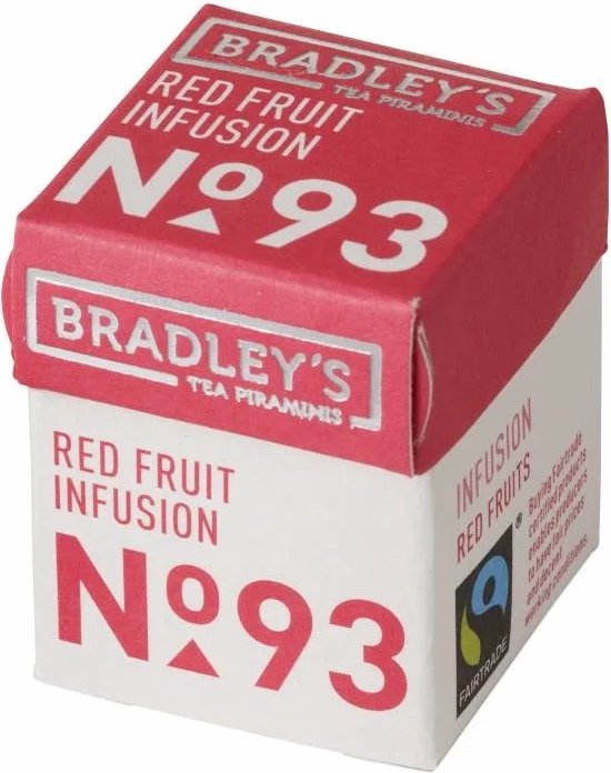 Bradley's Red Fruit Infusion No. 93, boîte rouge et blanche avec logo Fairtrade.