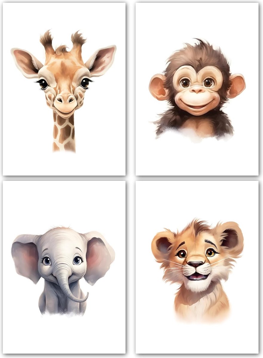 Foto's Kinderkamer Decoratie Happy Africa Safari Dieren Poster A4 zonder fotolijst Muurfoto's Jongens Meisjes Dierenfoto's Kinderkamer Babykamer Decoratie Muurposter