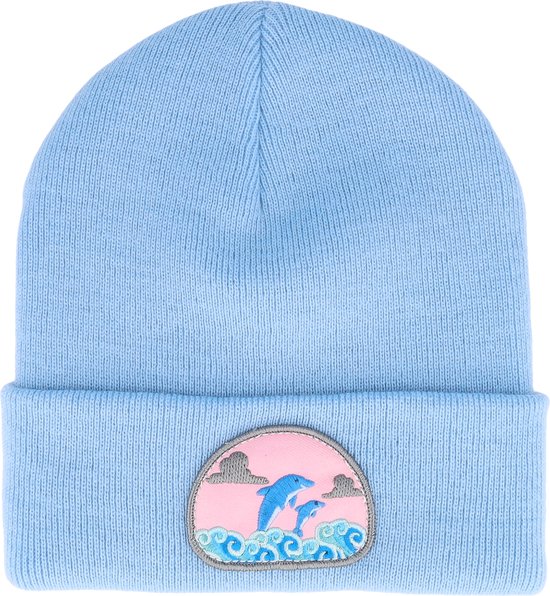 Hatstore- Dolphin On Waves Patch Light Blue Beanie - Iconic Cap