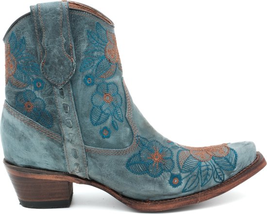 Circle G dames cowboy enkellaarzen in blauw leer met oranje en blauwe borduursels