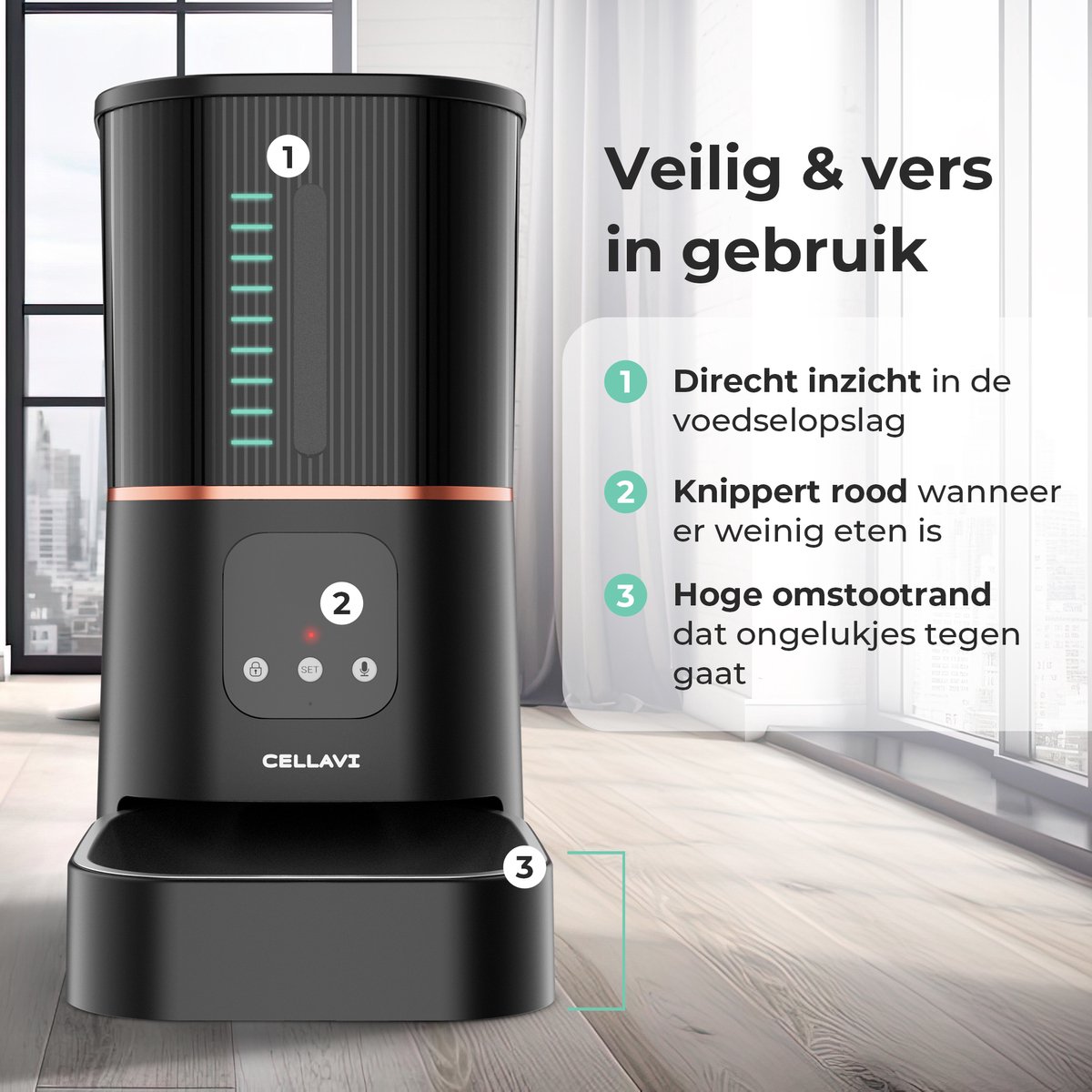 Cellavi Automatische Voerbak Kat en Hond - Voerautomaat Dispenser met App - RVS Voerbak Kat & Hond - 6 L - Zwart thumbnail 6