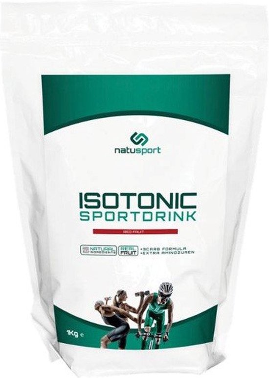 Natusport isotone sportdrank in navulverpakking, 1kg zak, met rode fruit smaak. Afbeelding van sporters.