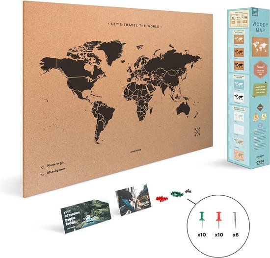 Miss Wood - WOODY MAP NATURAL kurken wereldkaart - 60x45cm (L) - Zwart |  bol.com
