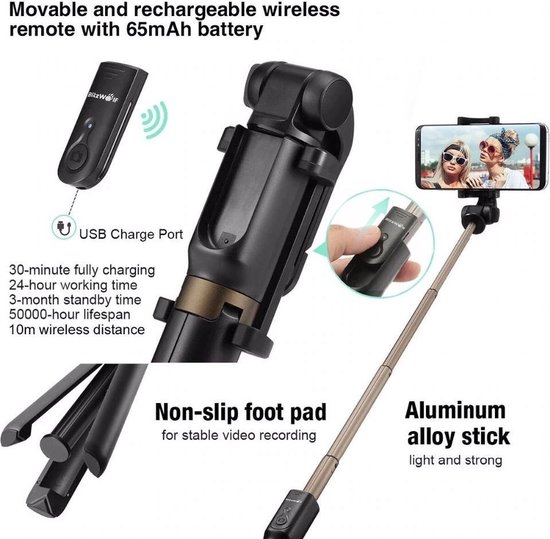 Selfie Stick Tripod Met Bluetooth Afstandsbediening - LOUZIR