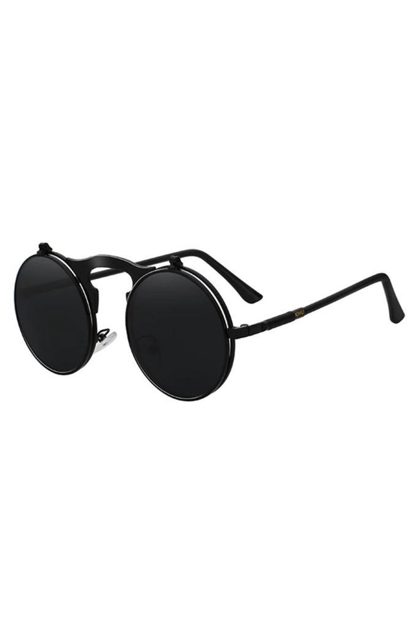 KIMU flip up ronde zonnebril zwart - vintage steampunk retro opklapbaar