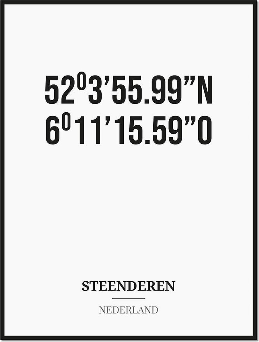 Studio216 Poster/kaart STEENDEREN met coördinaten zwart, wit