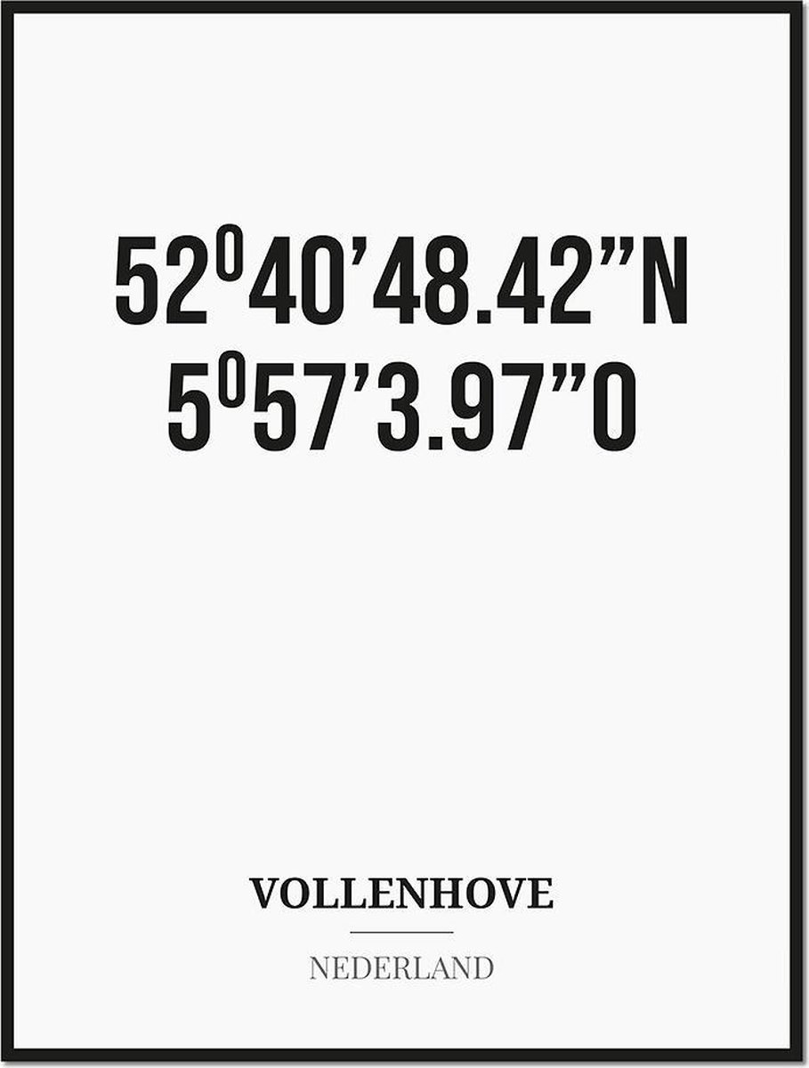 Studio216 Poster/kaart VOLLENHOVE met coördinaten zwart, wit