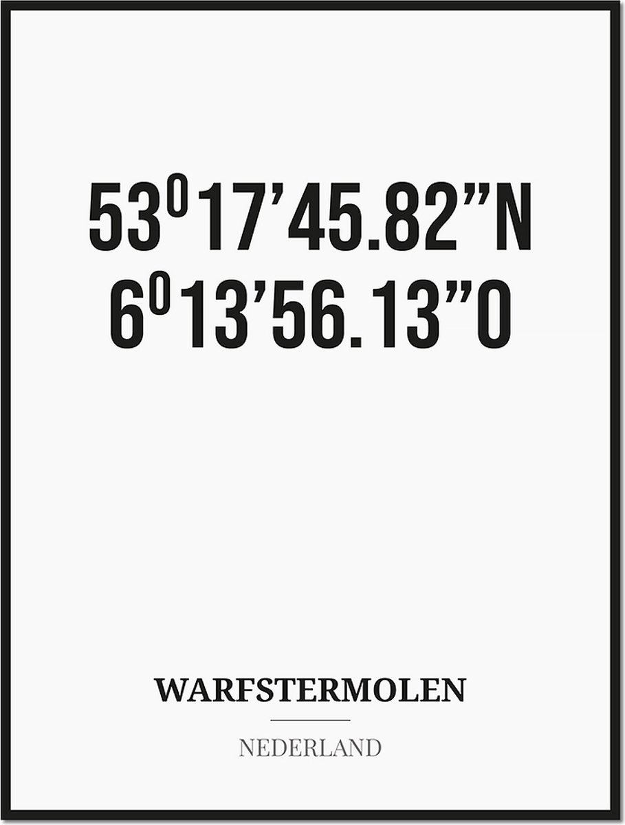 Studio216 Poster/kaart WARFSTERMOLEN met coördinaten zwart, wit