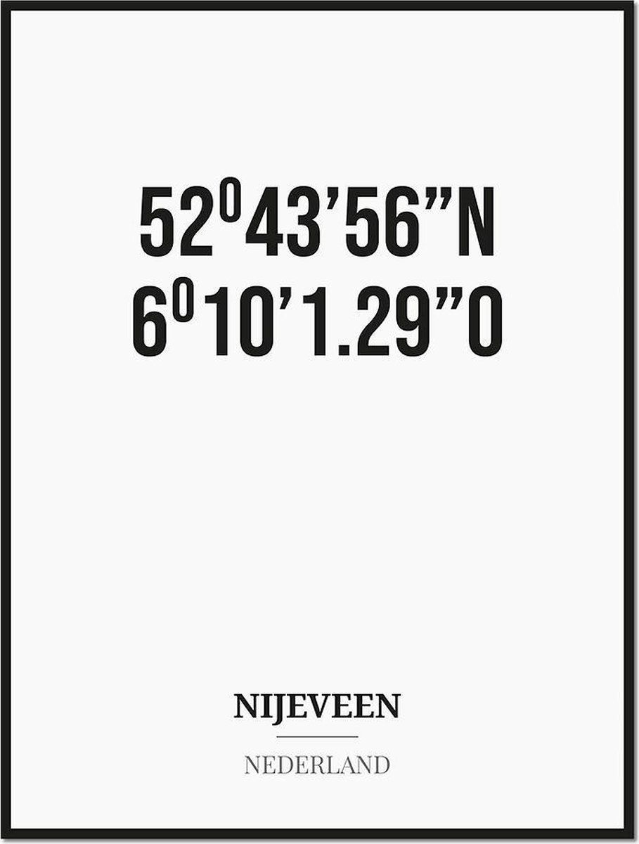 Studio216 Poster/kaart NIJEVEEN met coördinaten zwart, wit