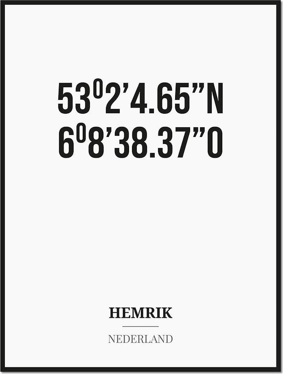 Studio216 Poster/kaart HEMRIK met coördinaten zwart, wit