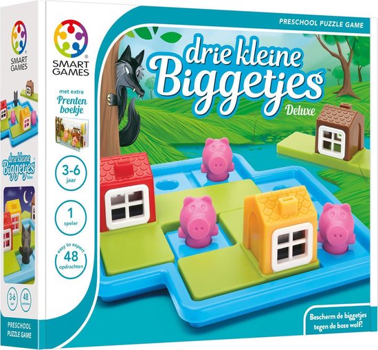 SmartGames - Drie Kleine Biggetjes Deluxe - met extra sprookjesboek - Kleuterspel vanaf 3 jaar - 48 puzzel opdrachten