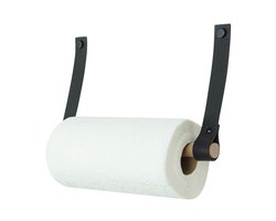 Handles and more® - Leren keukenrolhouder - Kleur: Zwart - Roldrager: rondhout - keukenrolhouder aan wand