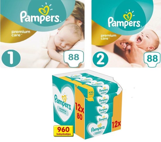 Pampers Premium Care Luiers 1 & Pamper Sensitive Billendoekjes 12 80 Stuks... | bol.com