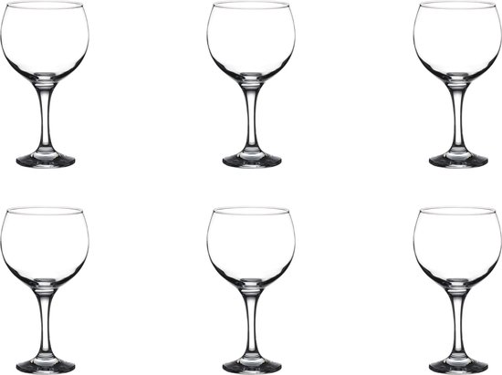 Zes transparante wijnglazen, 63 cl per glas.