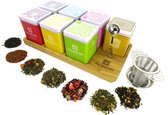 Dutch Tea Maestro - Étagère à thé - Thee en vrac - Cadeau de thé - Thee au bureau - Plateau en Chêne avec 7 types de thé et cuillère en acier inoxydable et passoire en acier inoxydable