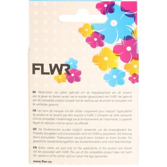 Achterkant verpakking FLWR met bloemenprint en uitleg in NL, FR, DE, EN.