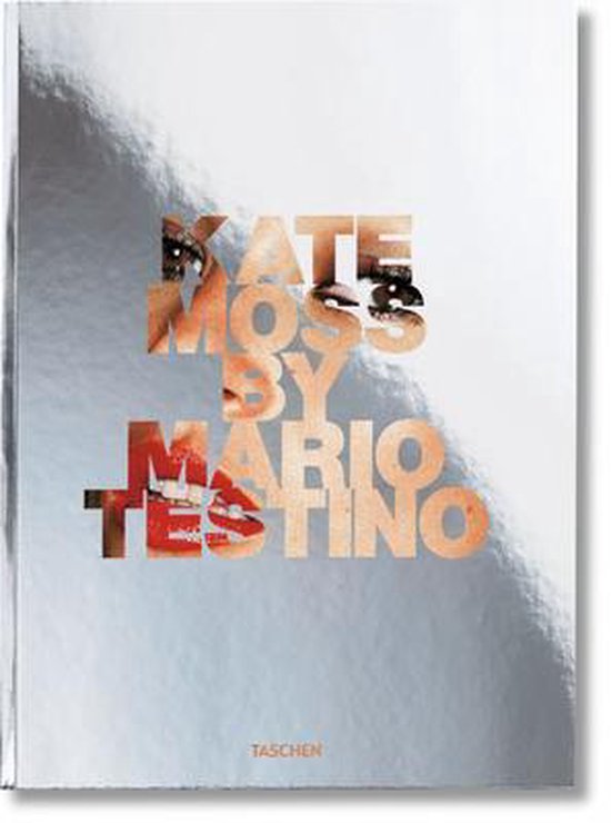 Boek met zilveren glanzende kaft. Tekst 'KATE MOSS BY MARIO TESTINO' in oranje letters, met close-up foto's van ogen en lippen.