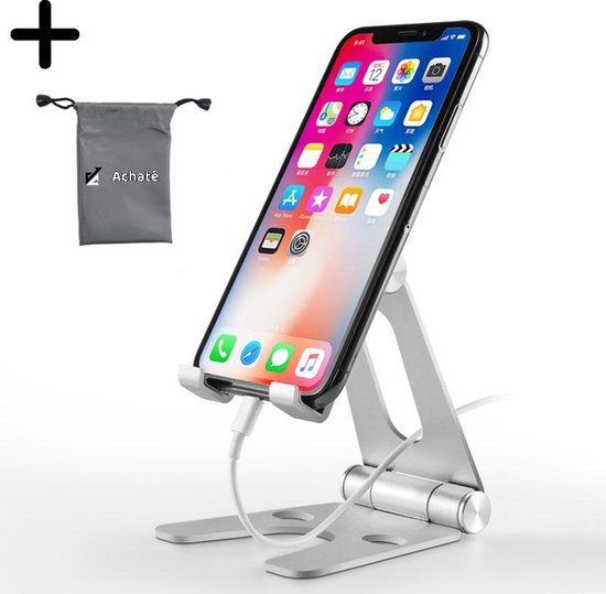 Achaté Telefoon Houder Inklapbare Stand|iPhone Standaard Voor Laptop, Computer of Tablet TikTok | Zilver - Achaté