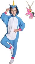 Eenhoorn Onesie Unicorn blauw wit huispak jumpsuit kostuum kinderen - 104-110 (3-4 jaar) + GRATIS ketting verkleedkleding jurk