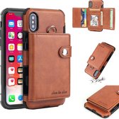 Voor iPhone XS schokbestendige pc + TPU-beschermhoes, met kaartsleuven en portemonnee en fotolijst en lanyard (bruin)