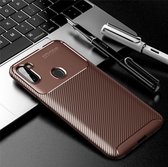 Fo Galaxy A11 Carbon Fibre Texture Shockproof TPU Case (Bruin)