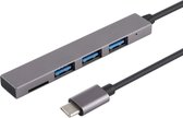 T-809B TF-kaartlezer + 3 x USB 3.0-poorten naar USB-C / Type-C HUB-converter, kabellengte: 13 cm (grijs)