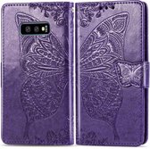 Butterfly Love Flowers Embossing Horizontale Flip Leather Case voor Galaxy S10e, met houder & kaartsleuven & portemonnee & lanyard (donkerpaars)