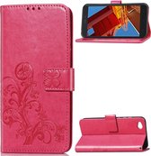 Lucky Clover geperste bloemenpatroon lederen tas voor Xiaomi Redmi Go, met houder en kaartsleuven en portemonnee en handriem (roze rood)