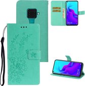 Voor Huawei Mate 30 Lite Plum Blossom Pattern Links en Rechts Flip Leren Case met Beugel & Kaartsleuf & Portemonnee & Lanyard (Groen)