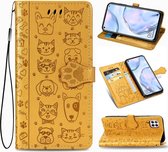 Voor Huawei P40 Lite / Nova 7i / Nova 6se schattige kat en hond reliëf horizontaal flip lederen tas met beugel / kaartsleuf / portemonnee / lanyard (geel)