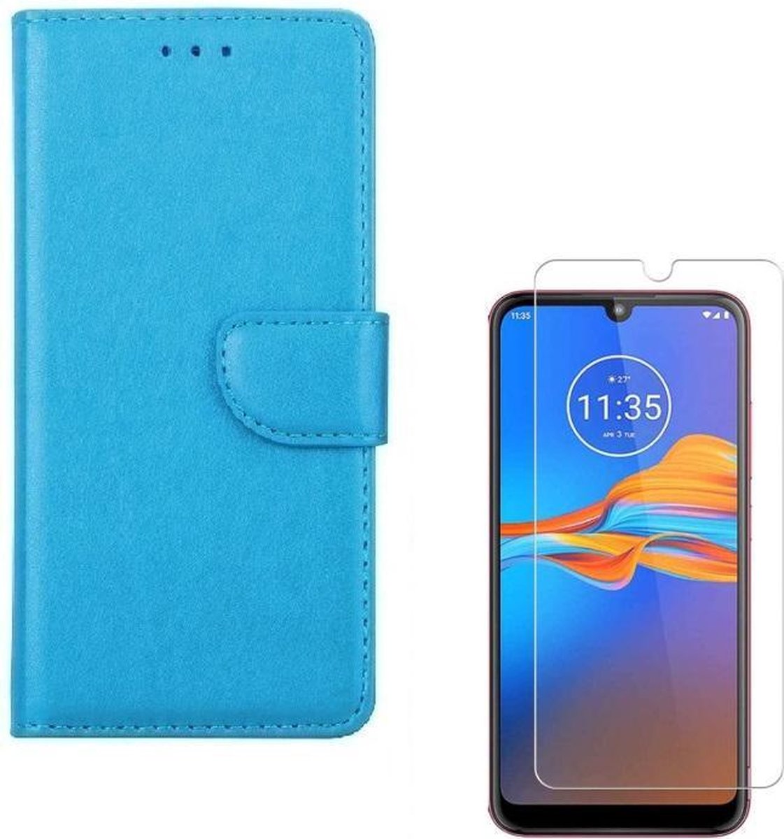 Motorola Moto E6 Plus Portemonnee hoesje Turquoise met 2 stuks Glas Screen protector