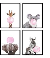 Postercity - Design Canvas Poster Set Zebra Giraffe Koala & Olifant met Roze Kauwgom / Kinderkamer / Dieren Poster / Babykamer - Kinderposter / Babyshower Cadeau / Muurdecoratie /