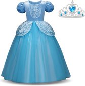 Assepoester jurk Deluxe Prinsessen jurk verkleedjurk 146-152 (150) blauw + blauwe kroon