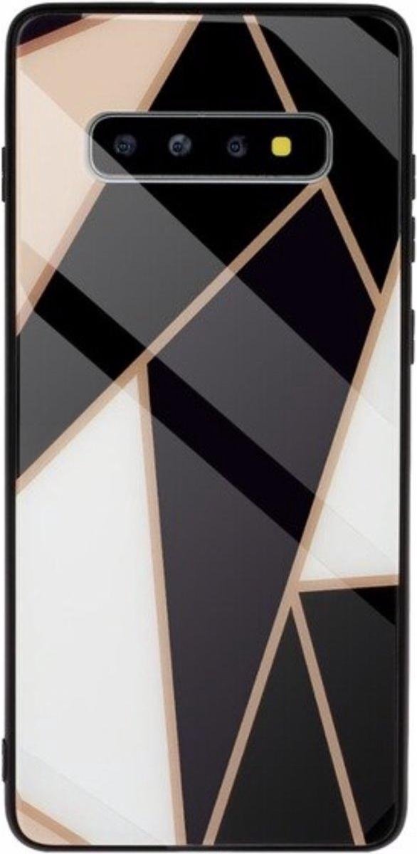 Geschikt voor Samsung Galaxy S10 Plus Marmer Backcover - Goud - Zwart - TPU + Gehard Glas