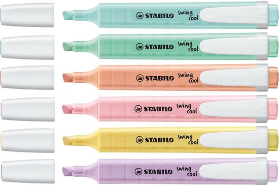 STABILO swing cool pastel markeerstiften in mintgroen, groen, perzik, roze, geel en lila.