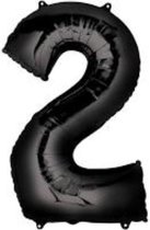 Folie ballon XL cijfer 2 zwart kleur is 55 x 83 cm groot inclusief een flamingo sleutelhanger