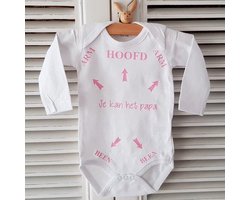 Baby Rompertje met tekst bedrukt Hoofd Arm Been pijlen je kan het papa | Lange mouw | wit roze meisje | maat 62/68 | grappig cadeau je kunt / kan het pap / papa / pappie