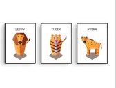 Postercity - Design Canvas Poster set Pixel  Tijger, Leeuw en Hyena  / Kinderkamer / Dieren Poster / Babykamer - Kinderposter / Babyshower Cadeau / Muurdecoratie / 40 x 30cm / A3