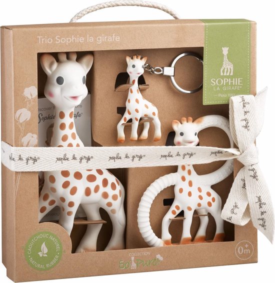 Sophie de giraf So'Pure Trio - Cadeauset - Bijtspeelgoed - Babyspeelgoed - 100% Natuurrubber - 3-Delig - Kraamcadeau - Babyshower cadeau - In gerecyled geschenkdoosje met organic katoenen strikje