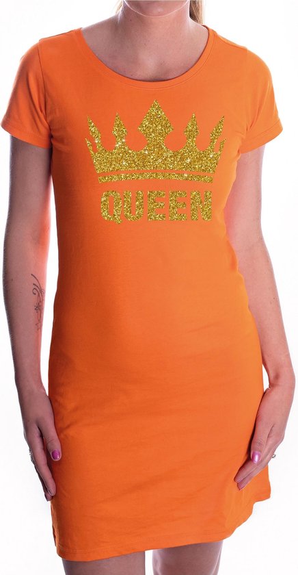 Oranje Koningsdag Queen jurkje met gouden glitter kroon dames - Oranje Koningsdag kleding