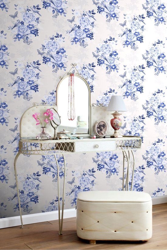 Proefstaal ESTAhome behang bloemen en vogels delfts blauw - 138124 - 26,5 x 21 cm