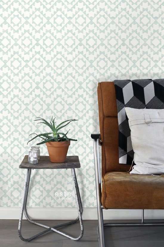 Proefstaal ESTAhome behang Marrakech aztec tapijt vergrijsd mintgroen en mat wit - 148674 - 26,5 x 21 cm
