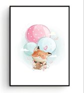 Postercity - Design Canvas Poster Vosje in Luchtballon / Kinderkamer / Dieren Poster / Babykamer - Kinderposter / Babyshower Cadeau / Muurdecoratie / 40 x 30cm / A3