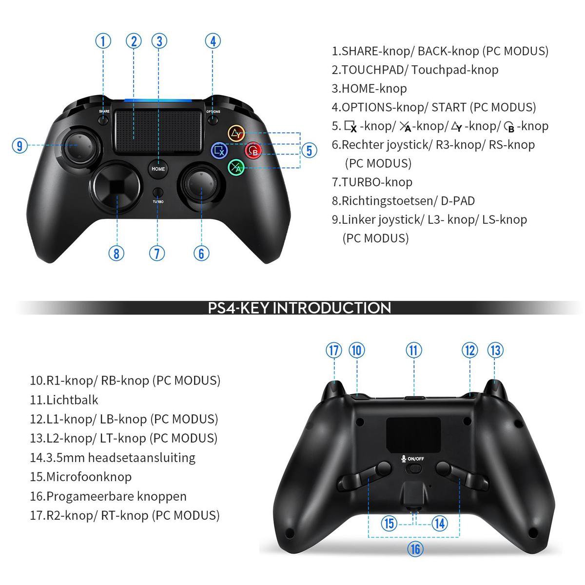 PS4 Wireless Controller – Programmeerbare Knoppen– Geschikt voor PS4/PS3/PC–  Zwart LED | bol.com
