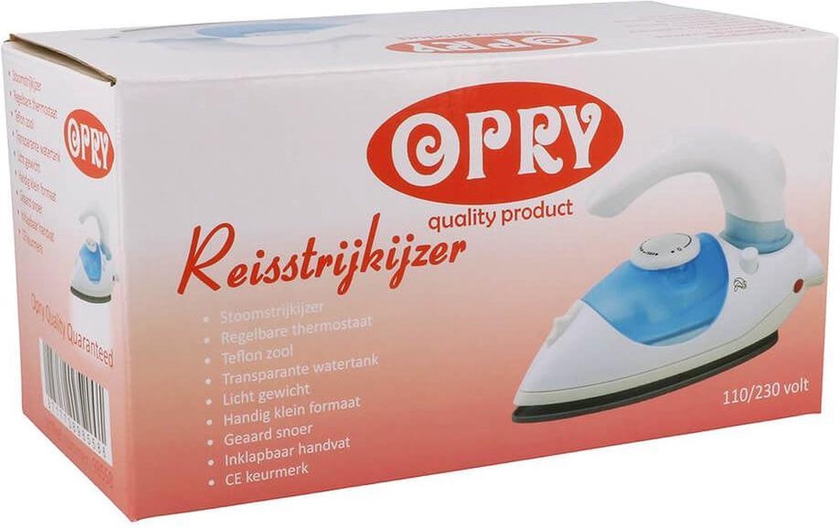 OPRY reisstrijkijzer 17,5 cm wit-blauw